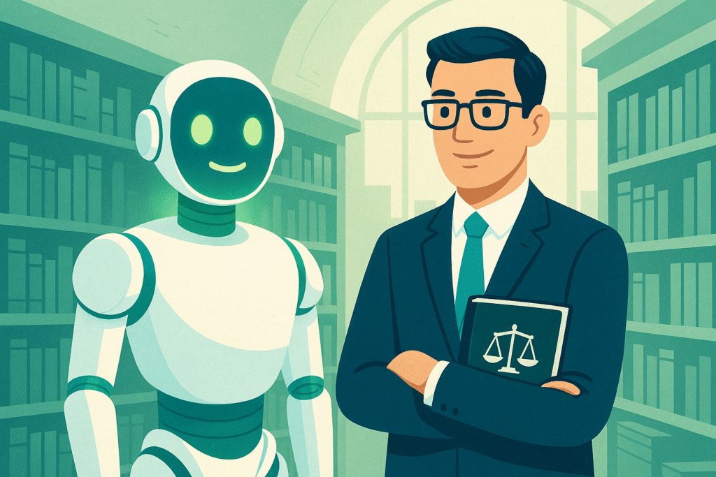 AI Assistant A lawyer and robot standing side by side, symbolising usefulness of AI