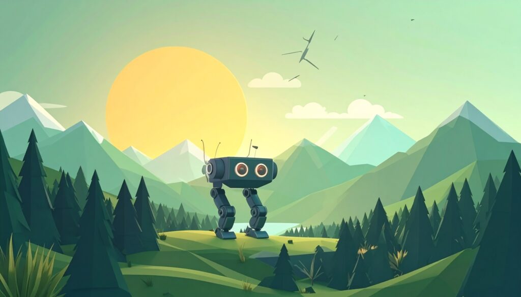 Ai and Climate Change - Seventh Phase A cute square robot standing in green fields - AI and Climate Change forcing law to evolve in a way that benefits society while keeping harm at minimum.