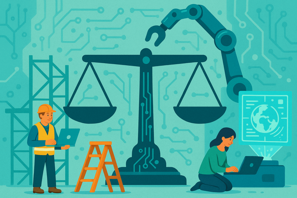 Working on AI A weigh balance being build in a technological way depicting progress of AI in legal research