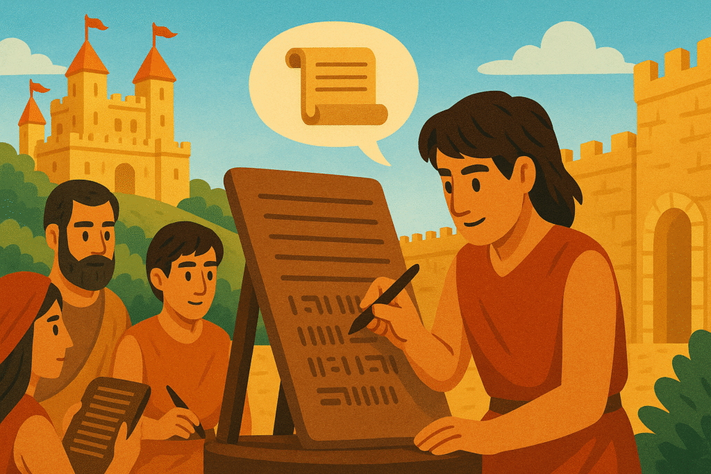 Kingdoms - Second Phase Early Kingdoms writing laws on stone tablet, signifying first codification.